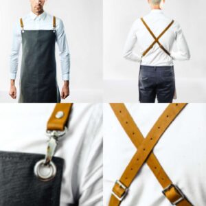 Cotton bull denim apron with adjustable leather straps & pocket