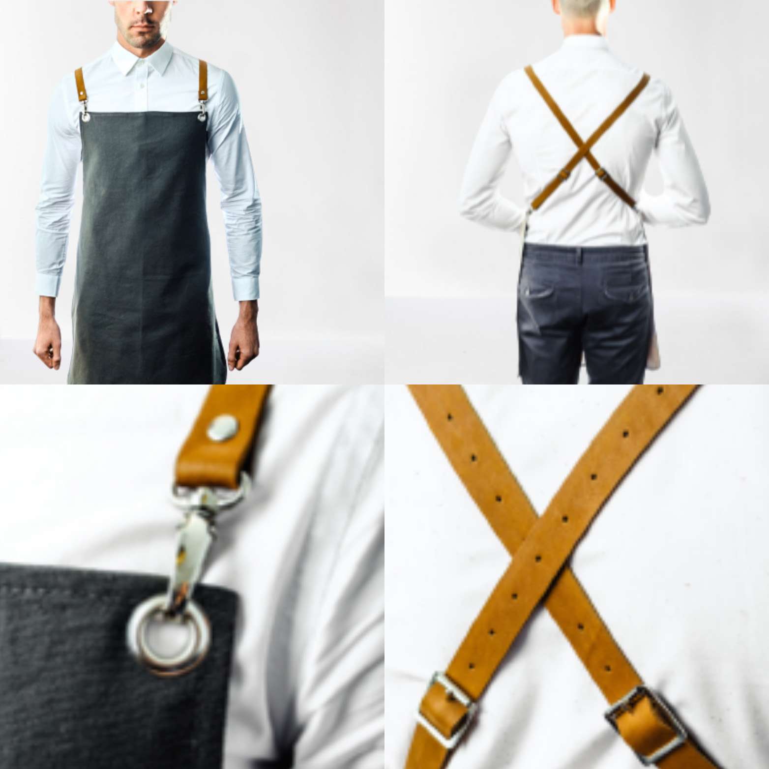 Cotton bull denim apron with adjustable leather straps & pocket Cotton bull denim apron with adjustable leather straps & pocket