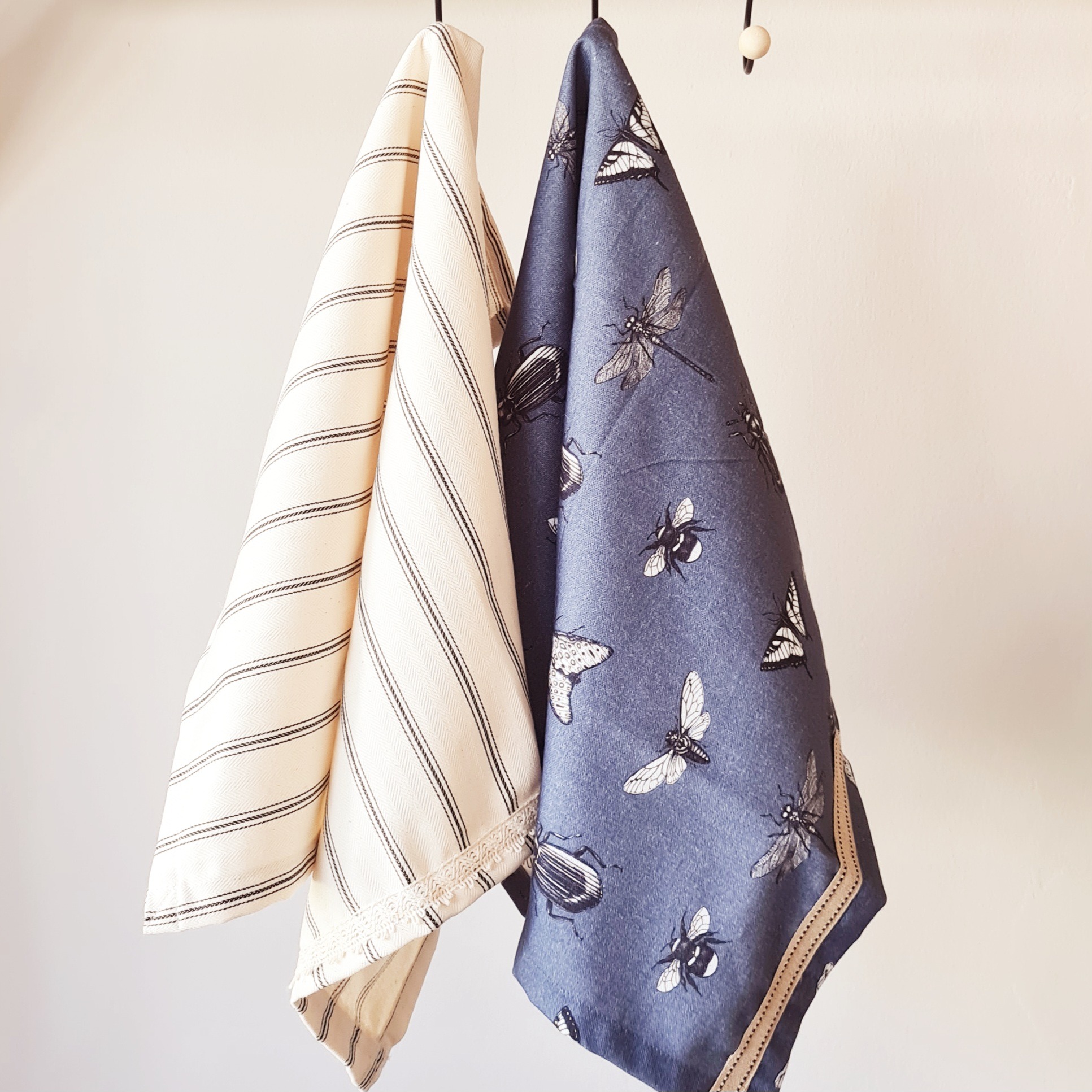 Tea towel set of 2 - Lace edged charcoal ticking & insects Tea towel set of 2 - Lace edged charcoal ticking & insects - Image 2