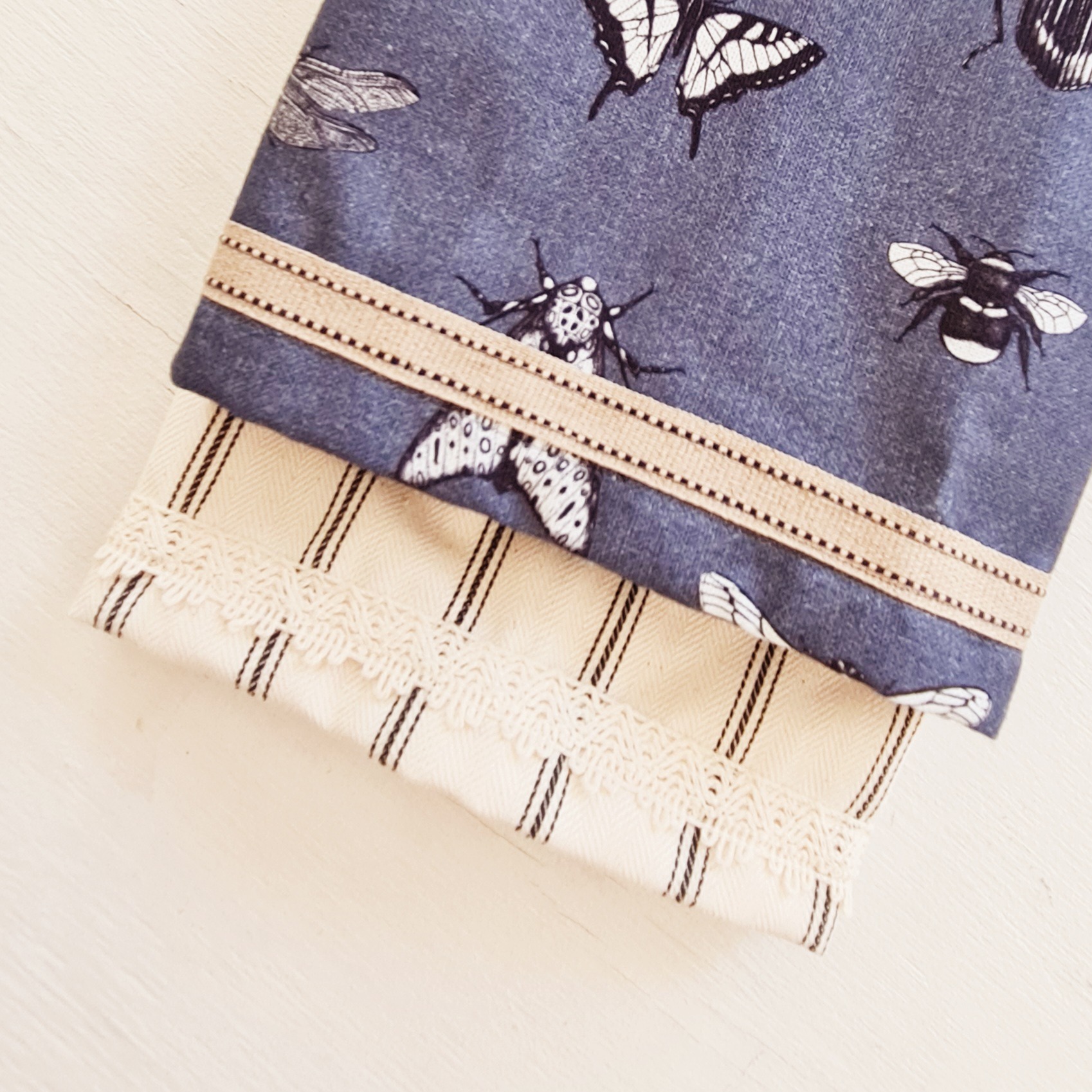 Tea towel set of 2 - Lace edged charcoal ticking & insects Tea towel set of 2 - Lace edged charcoal ticking & insects - Image 3
