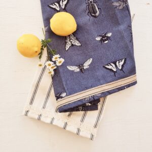 Tea towel set of 2 - Lace edged charcoal ticking &  insects