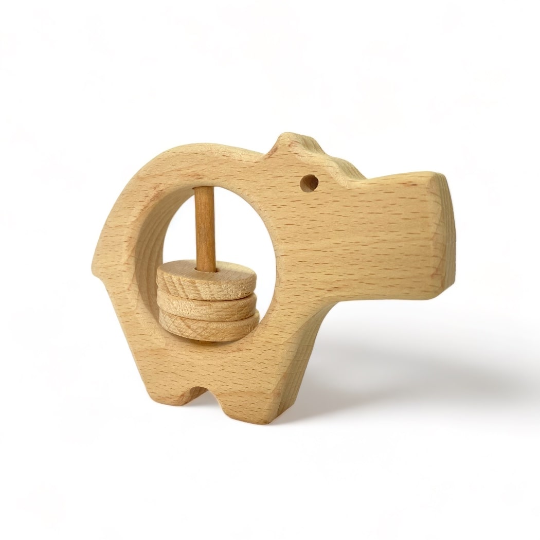Solid beech wood rattle - Hippo Solid beech wood rattle - Hippo