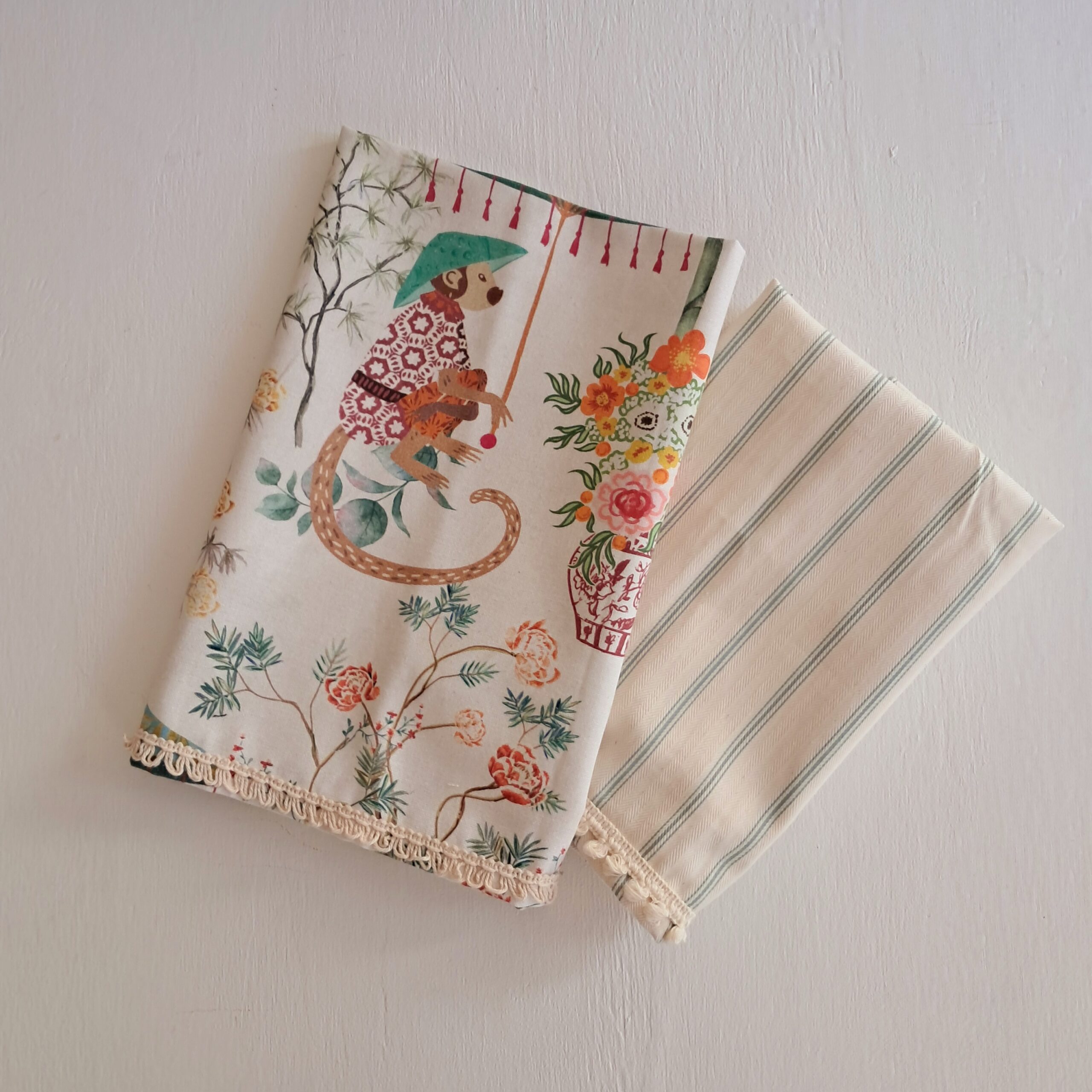 Floral monkey & french ticking tea towel set Floral monkey & french ticking tea towel set